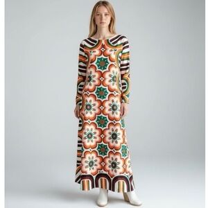 Alisastyle‎ Orange White Black Green Geometric Long Sleeve Sheath Maxi Dress